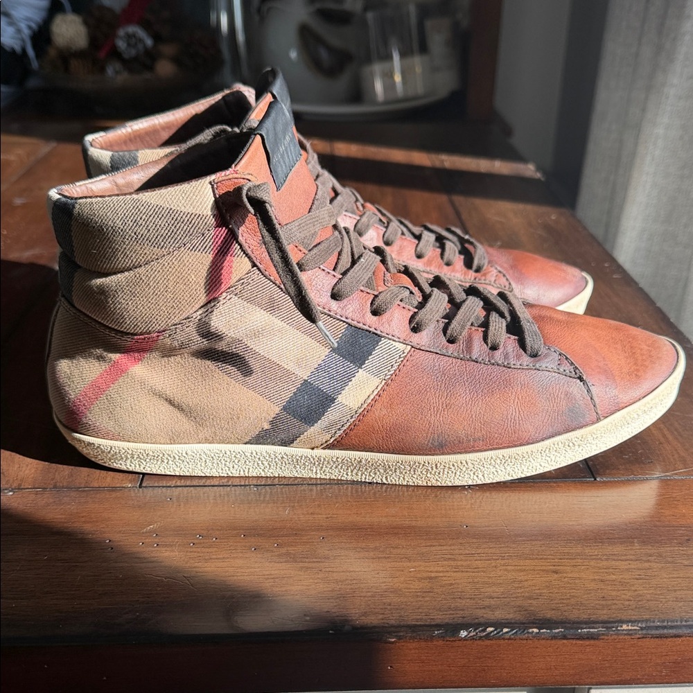 Burberry Tan/Brown Plaid High-Top Sneakers